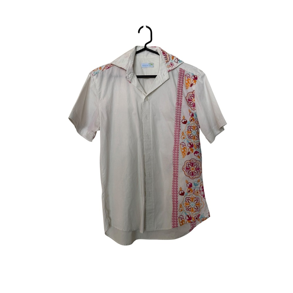 Seaplane White Short Sleeve Button-Down Shirt with Pink Floral Embroidery Sz XXS